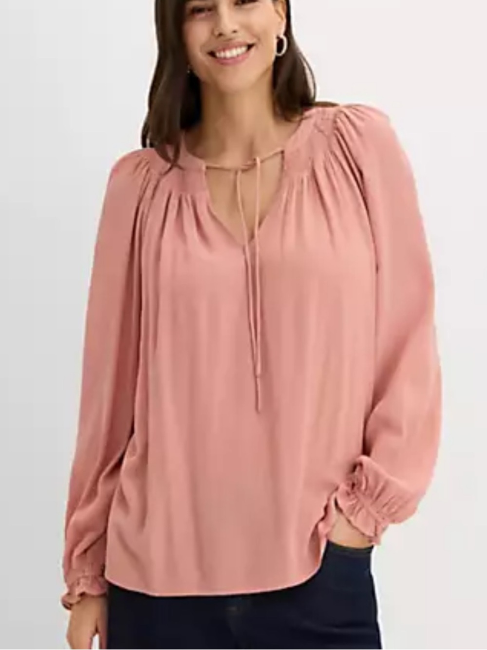 Liverpool Pink Pleated Long Sleeve Blouse with Split Neck That Ties. Size Large